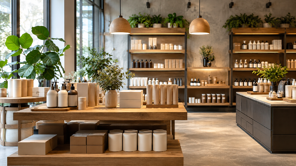 Elegancka strefa sprzedaży z ladą obsługową, uporządkowanymi produktami, neutralną kolorystyką i przyjazną atmosferą zakupową.